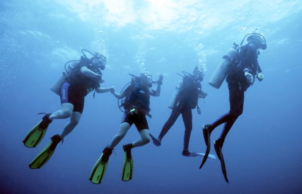 Quatre plongeurs sous l'eau, équipés de palmes et de bouteilles de plongée.